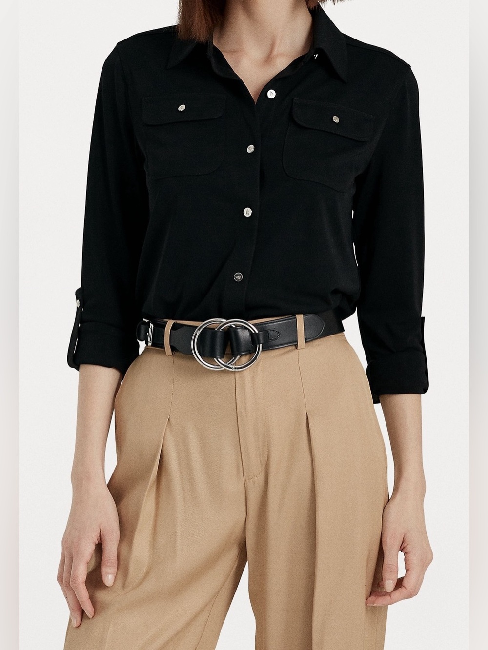 Lauren Ralph Lauren Black Roll-Tab Sleeve Button Down Shirt